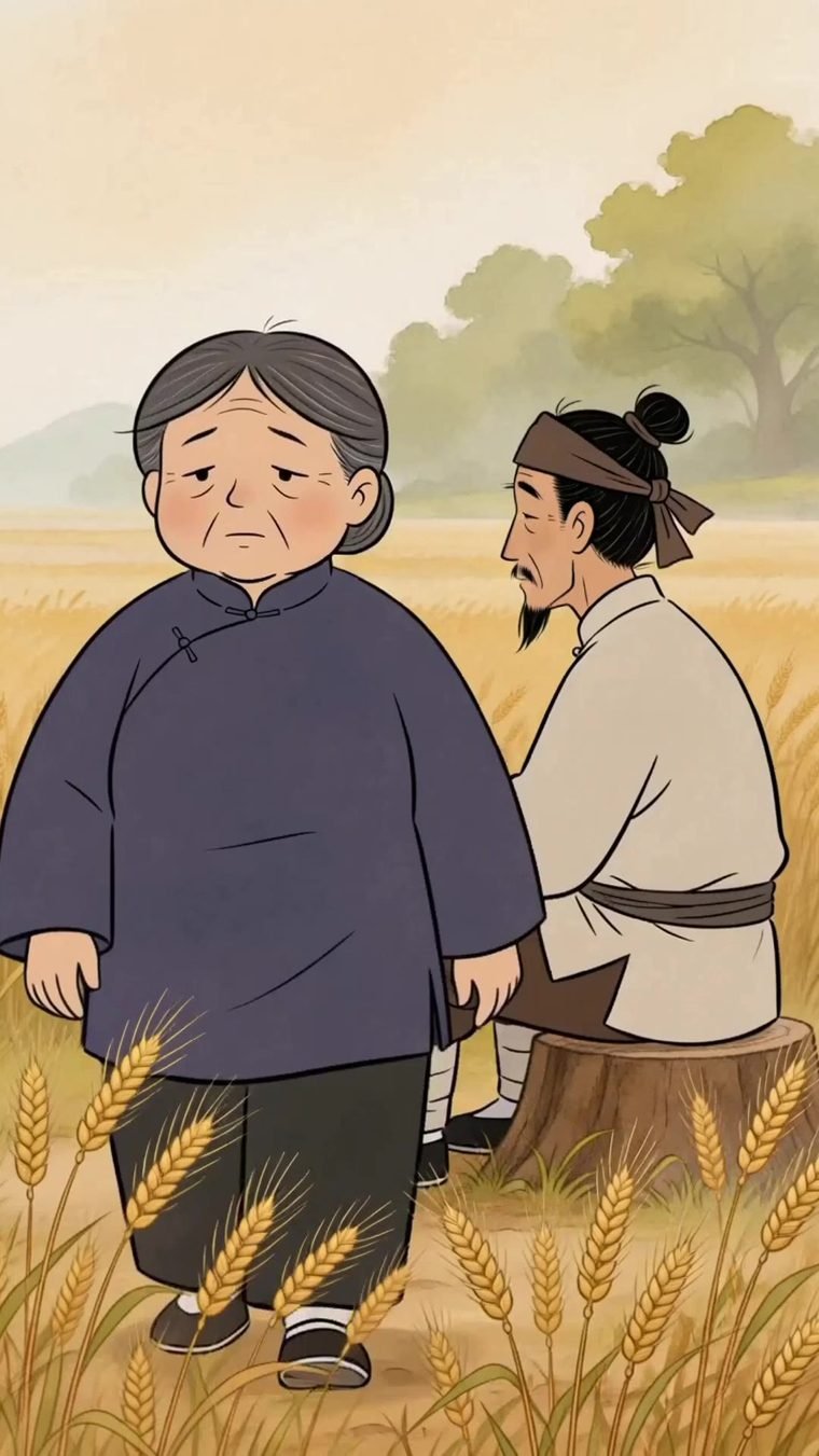 动画里，邻居奶奶站在田边，农夫坐在树桩旁
